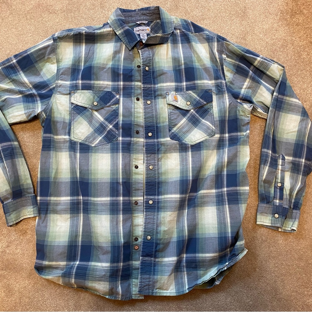 Carhartt Men’s Blue Green Plaid Pearl Snap Button-Down Shirt